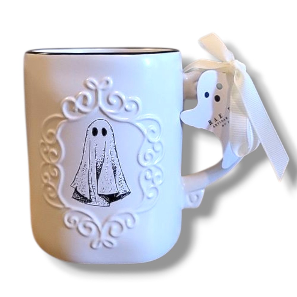Rae Dunn Halloween Ghost Mug Drink Up Raised Embossed Frame New